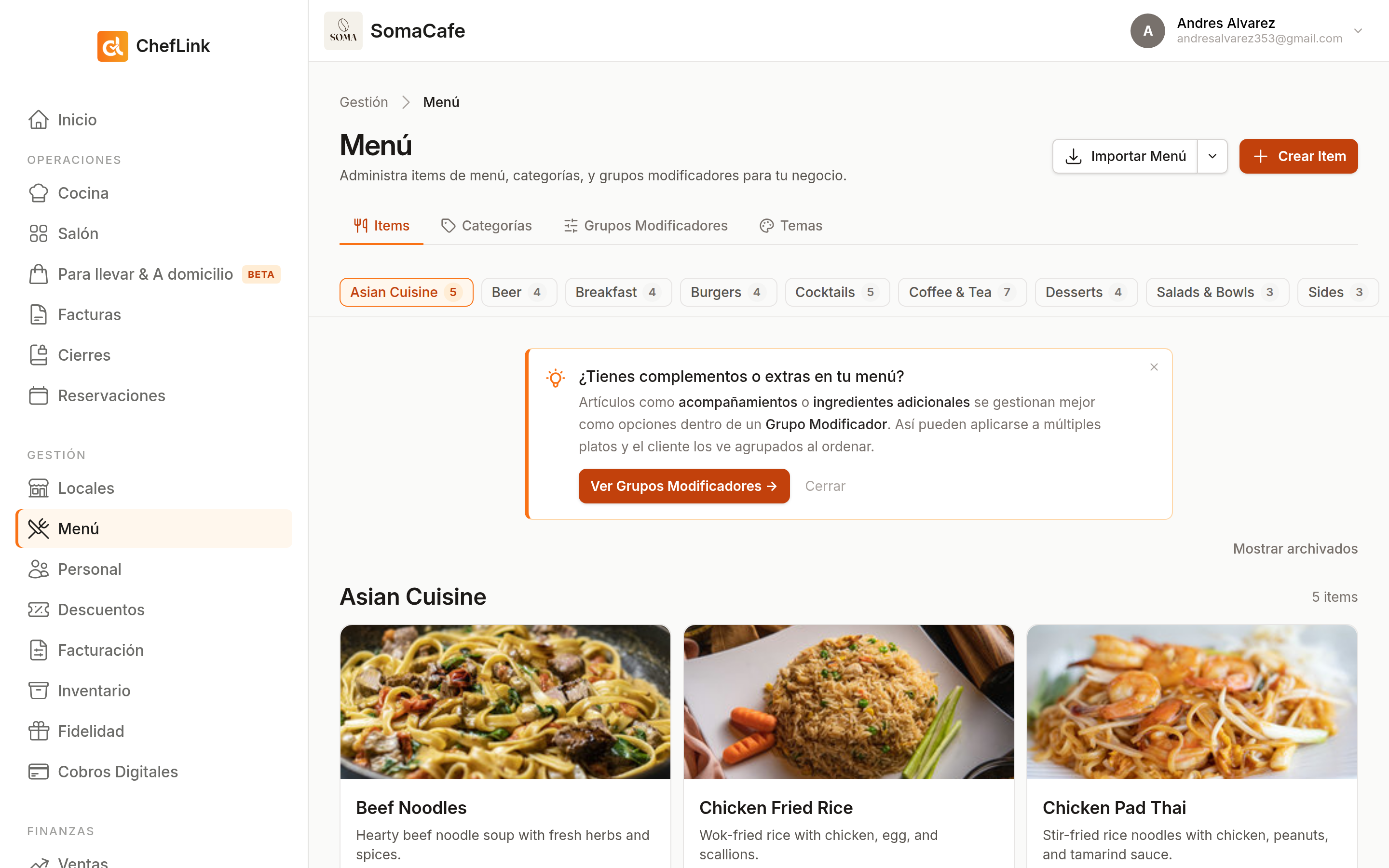 Menú de backoffice en Cheflink