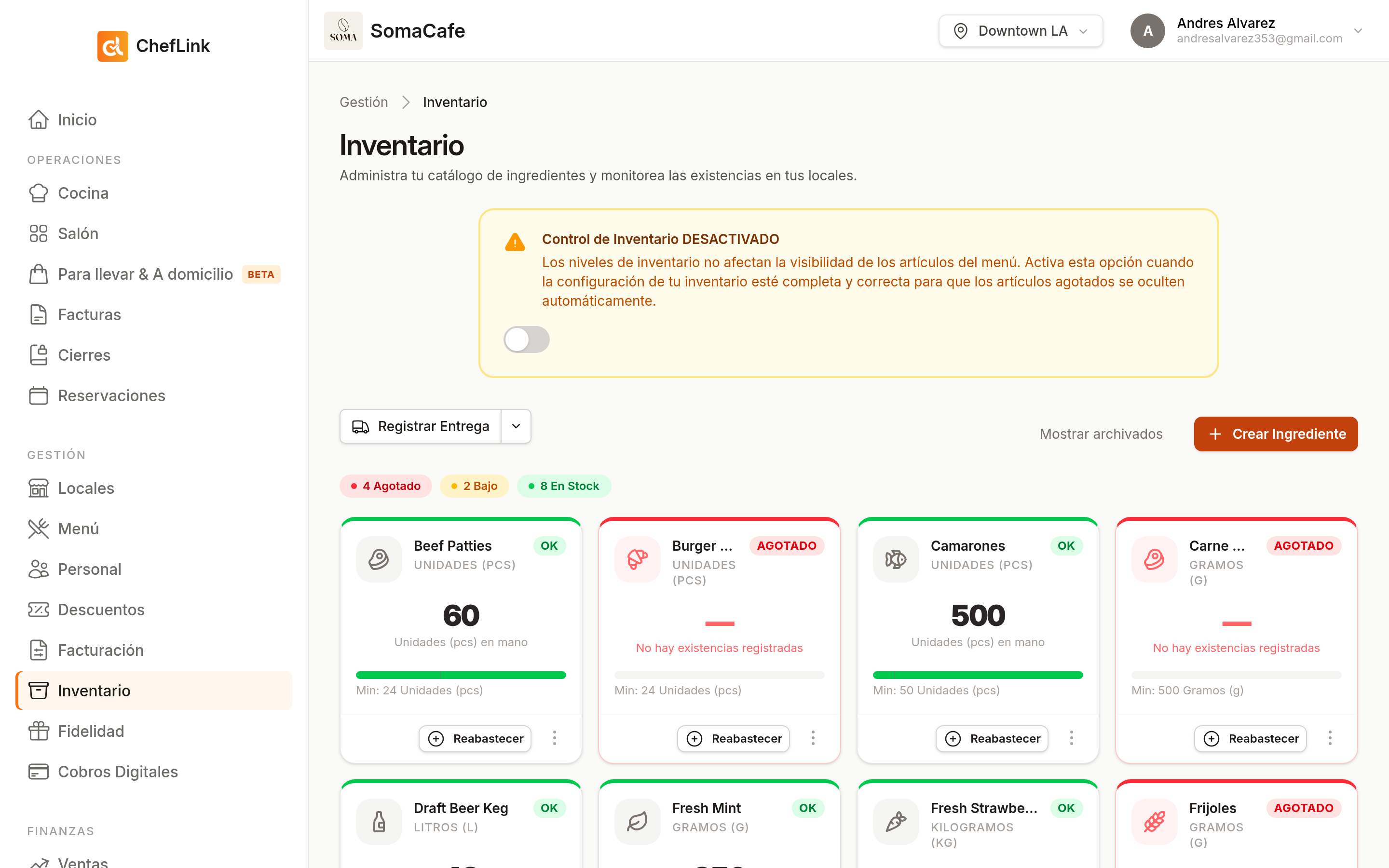 Manejo de inventario en Cheflink