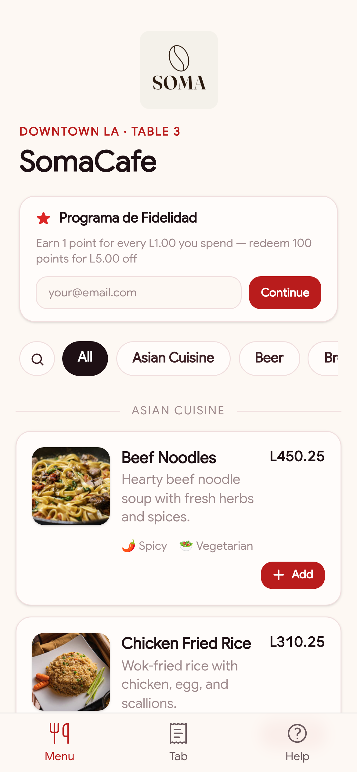 Menú del cliente en Cheflink