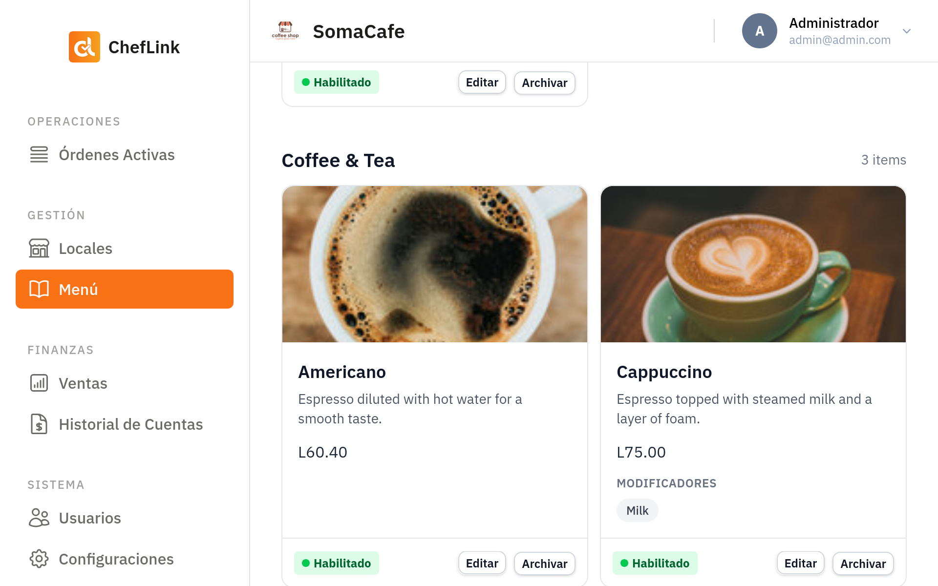 Menú de backoffice en Cheflink