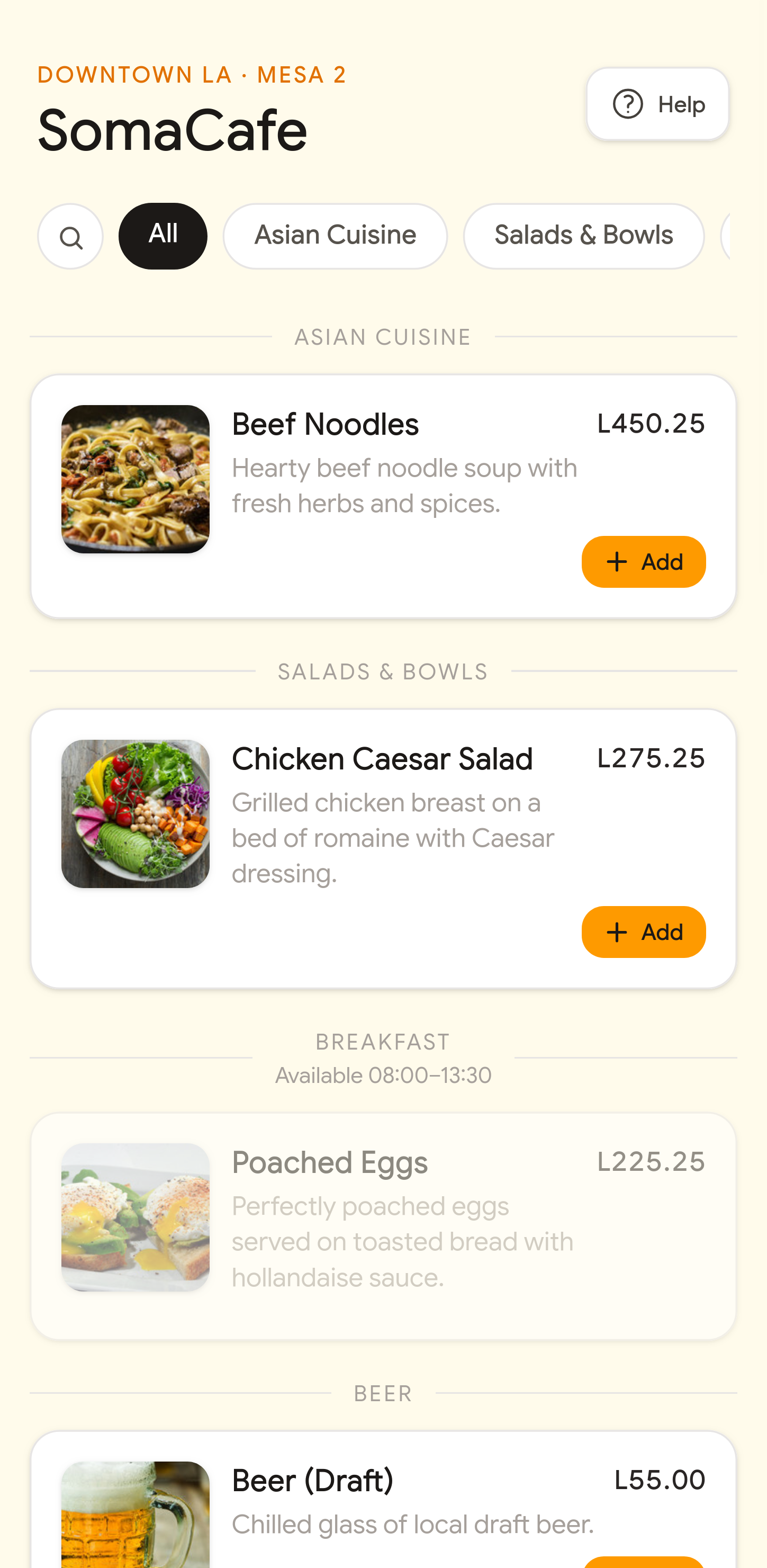 Menú del cliente en Cheflink