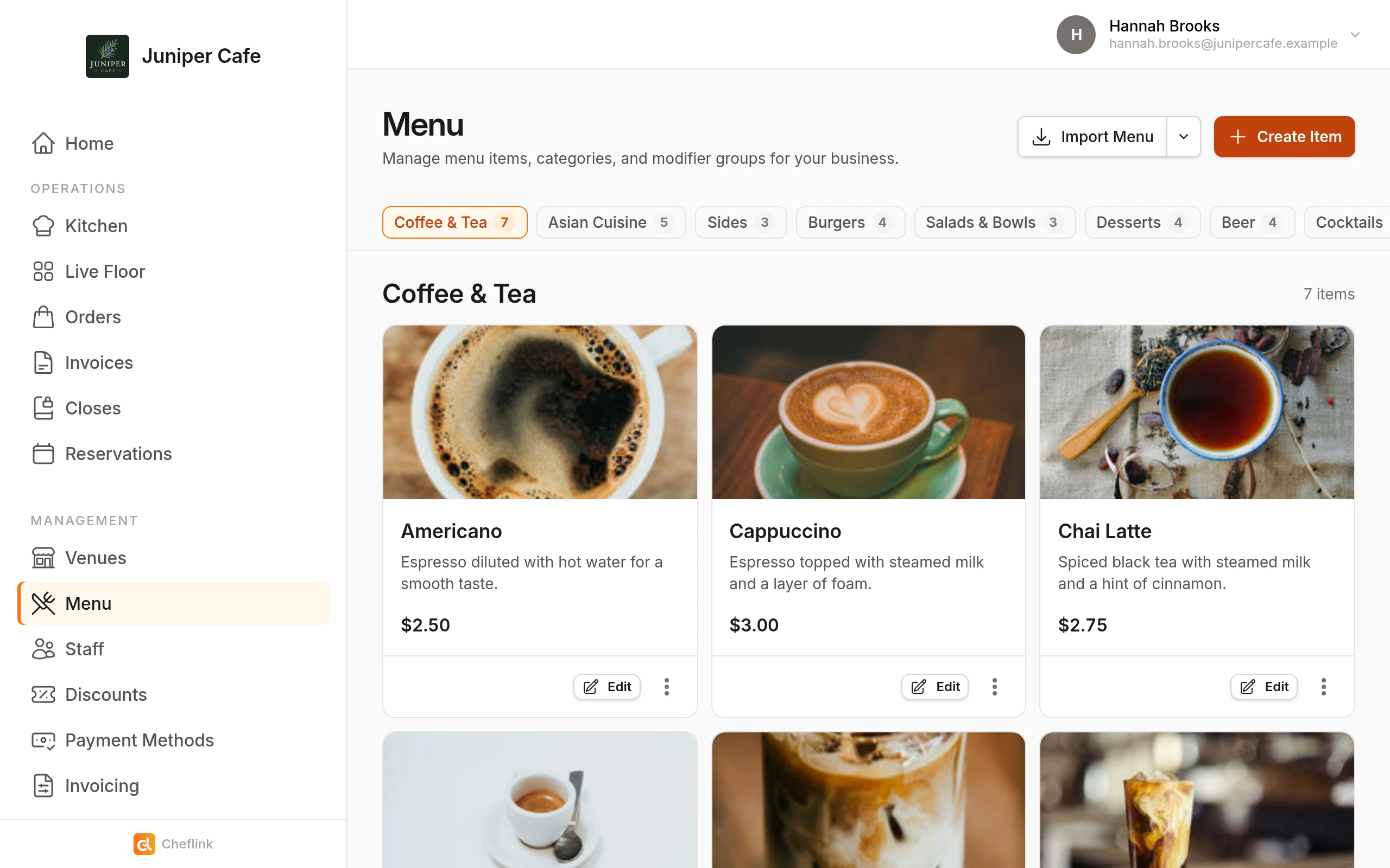 Menu management in Cheflink