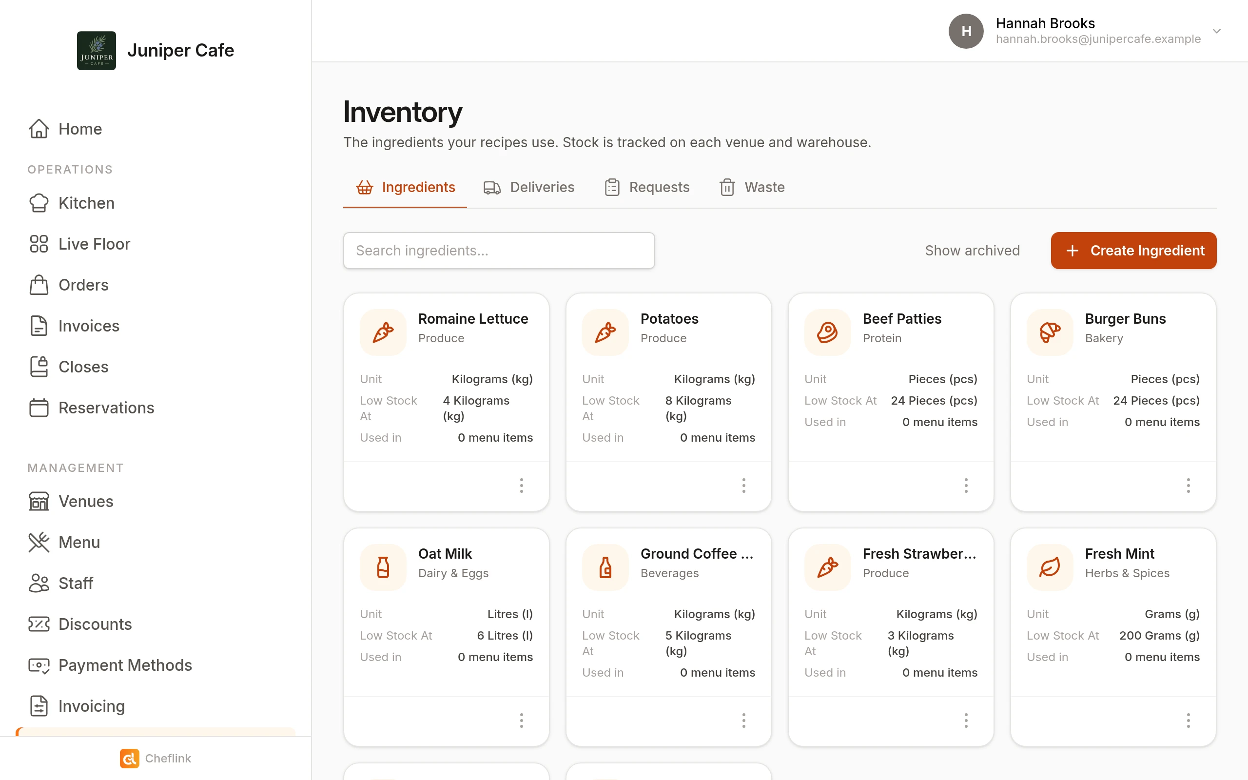 Inventory management in Cheflink