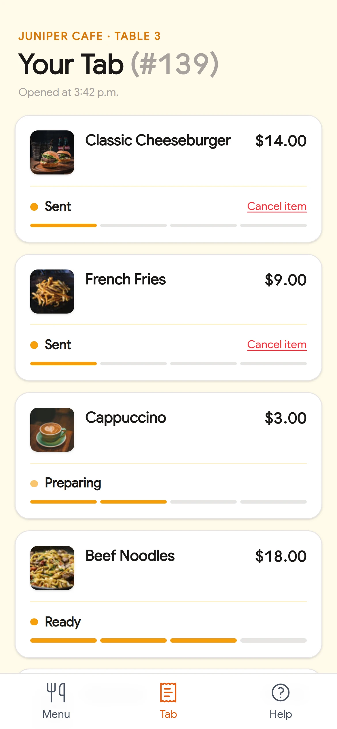 Your tab: Every dish with its status, through to payment.