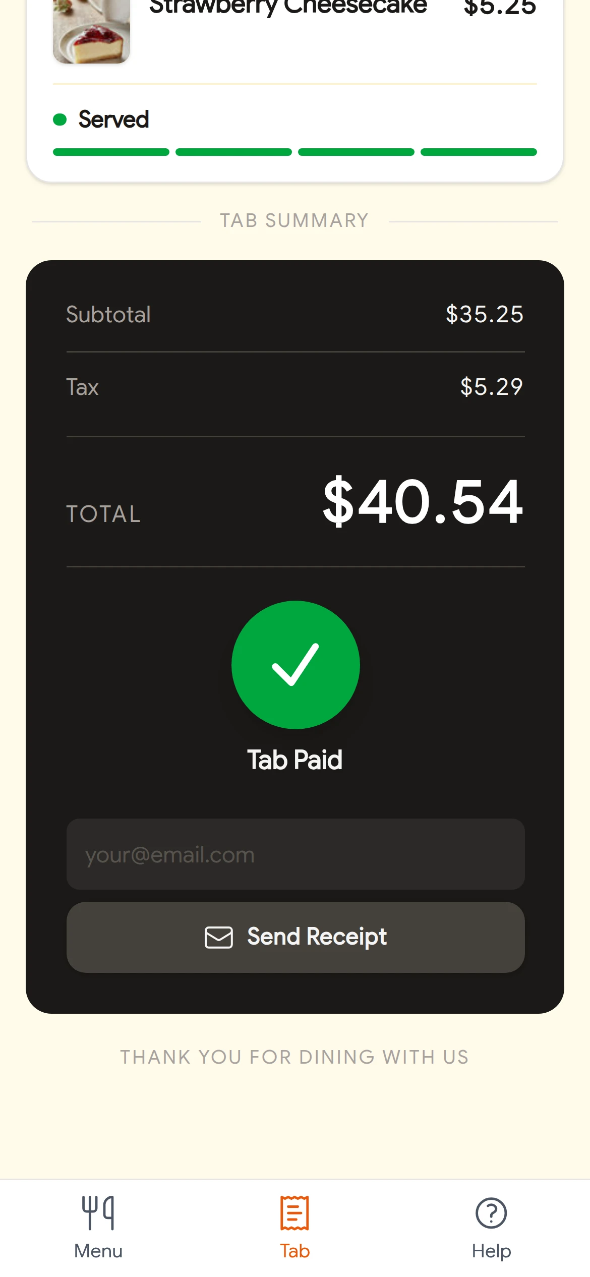 A tab paid from the guest's phone