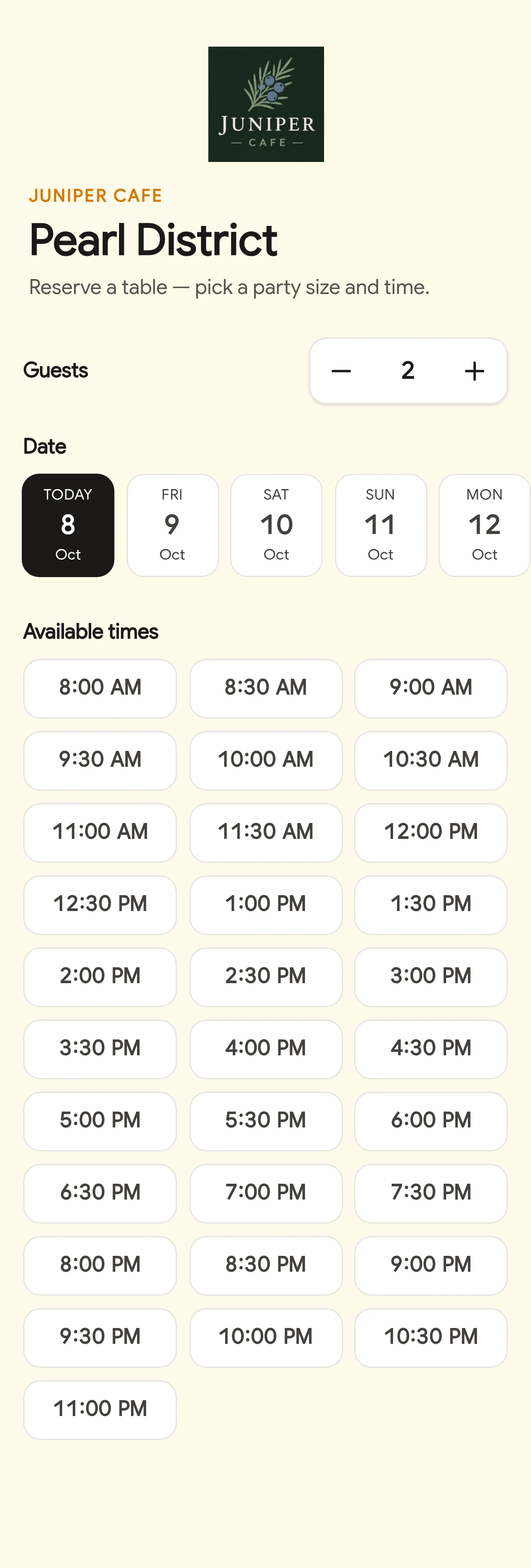 Reservations: Pick a day, time and party size online.