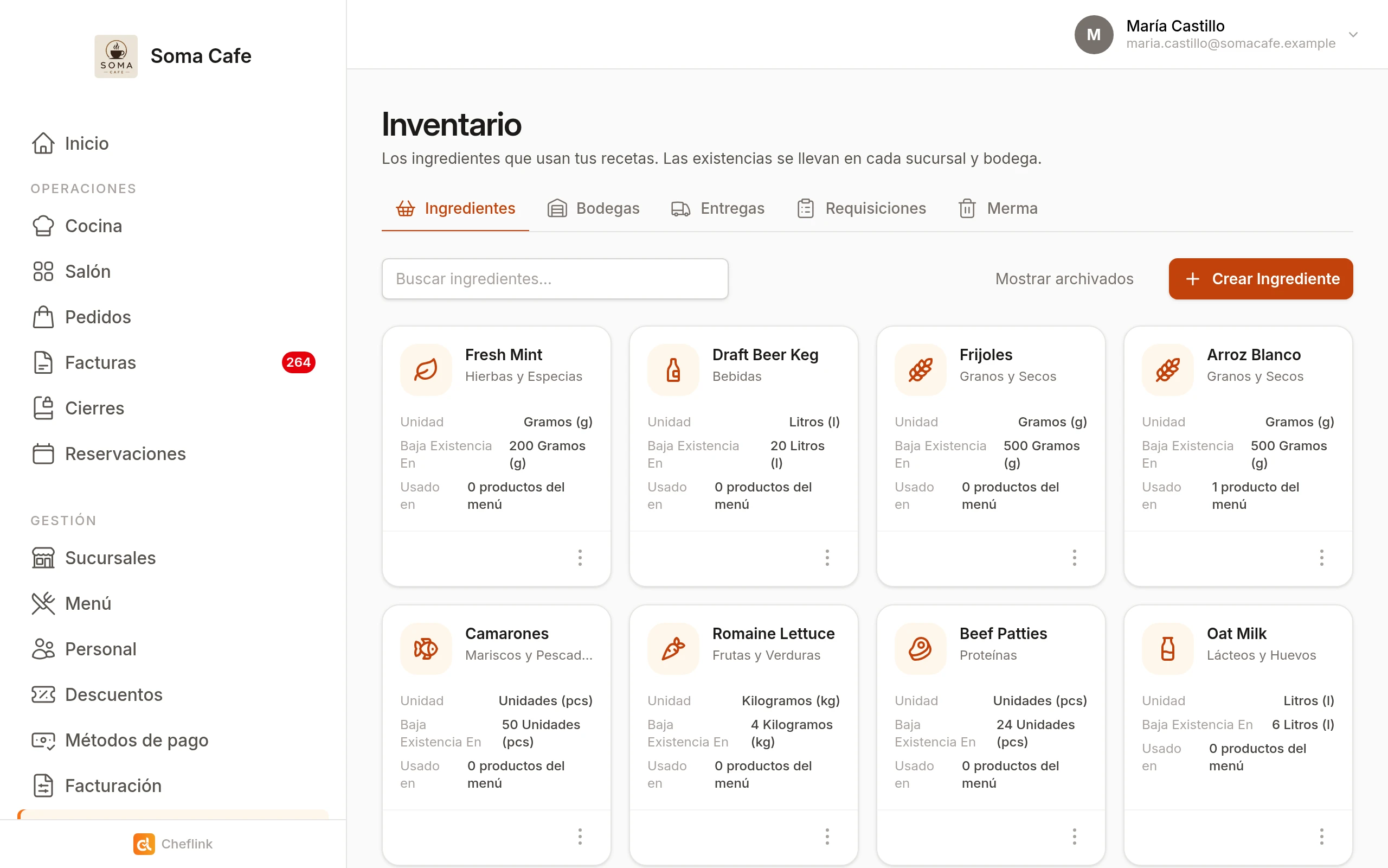 Manejo de inventario en Cheflink