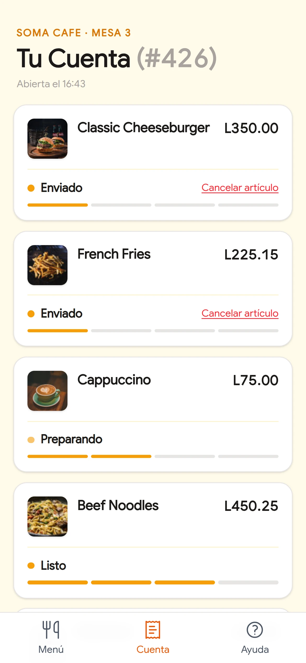 Tu cuenta: Cada plato con su estado, hasta pagar.