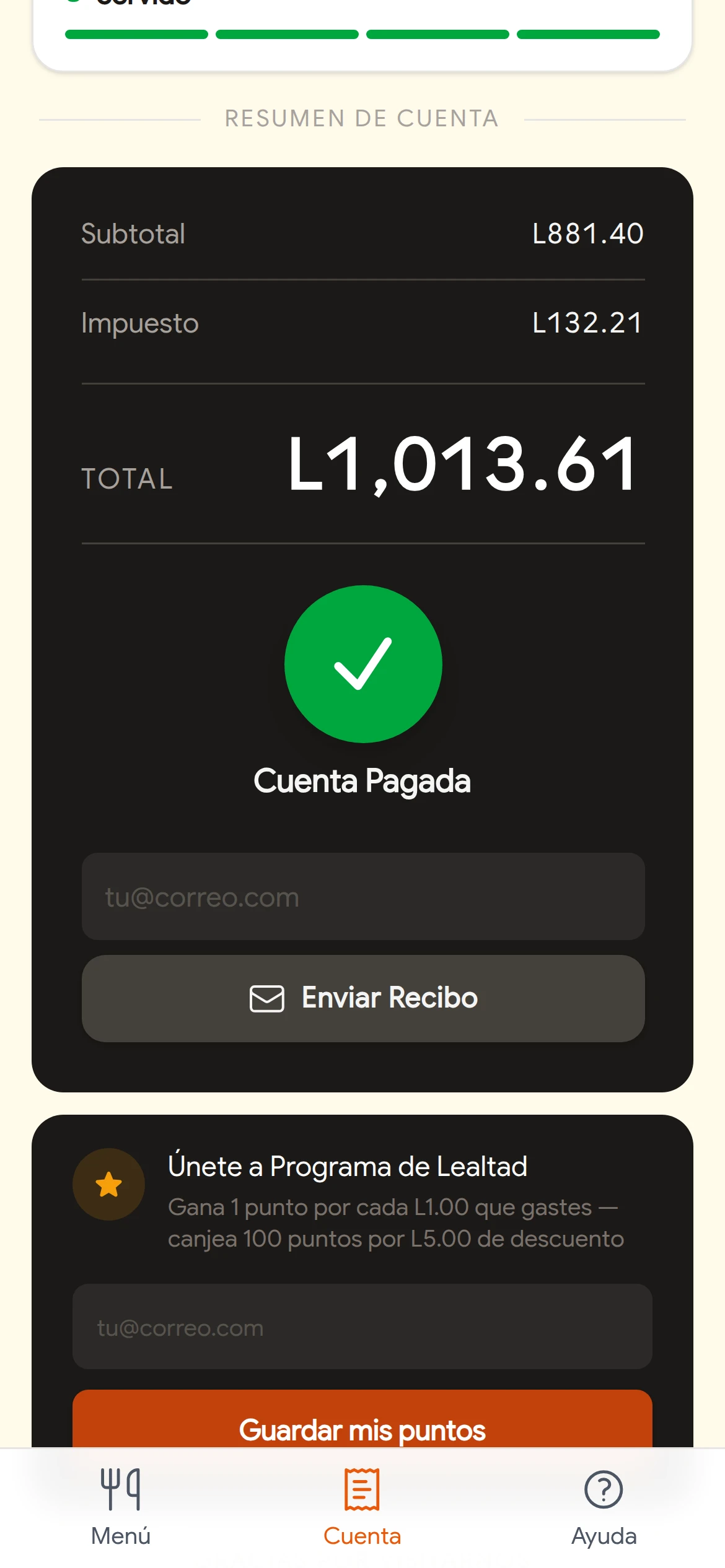 Cuenta pagada desde el teléfono del cliente