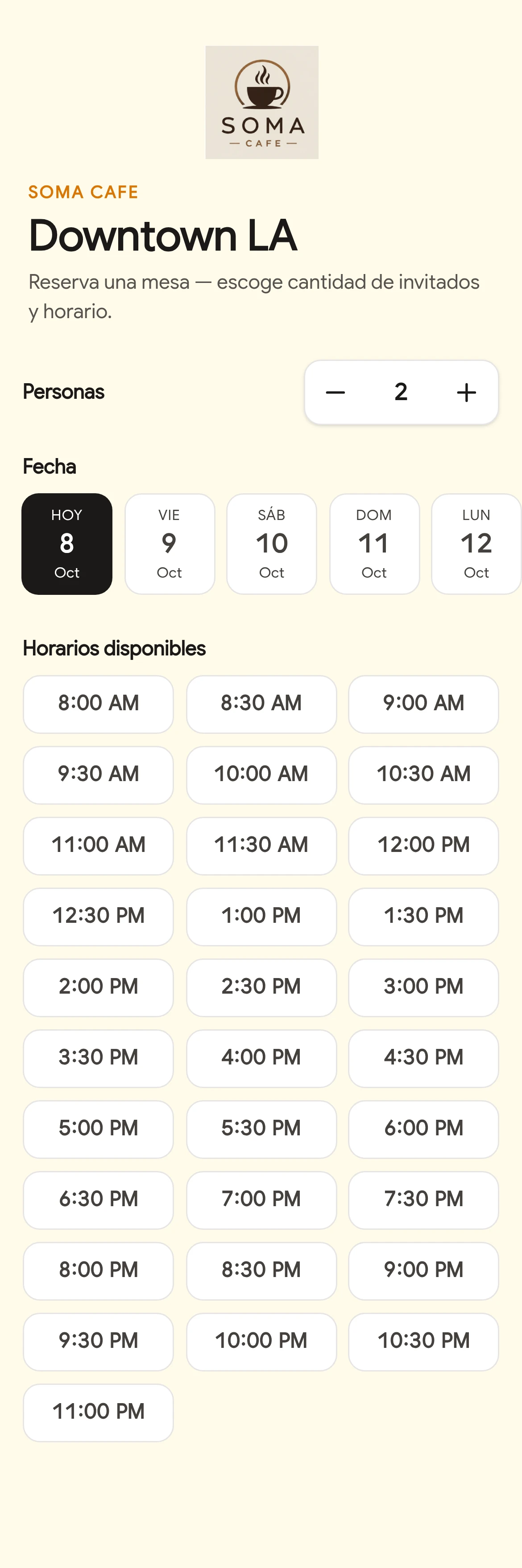 Reservas: Eligen día, hora y personas en línea.