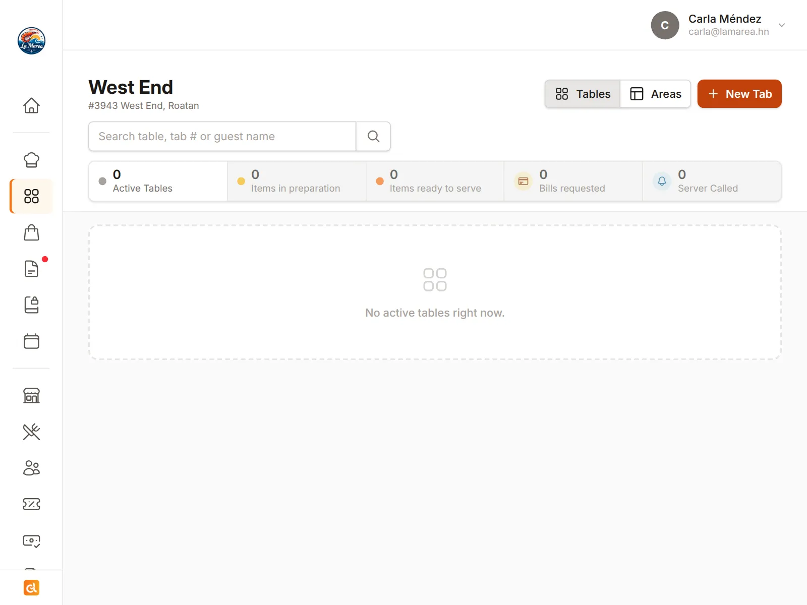 The Cheflink back office during a service: a table's orders, the tab being settled, inventory and sales
