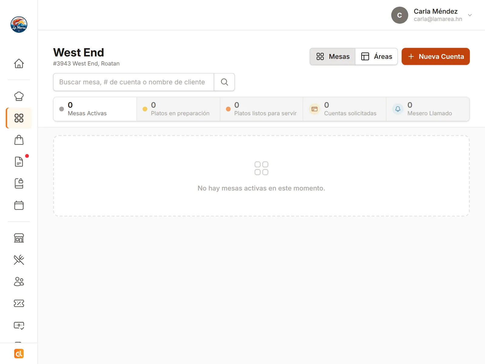 El backoffice de Cheflink durante un servicio: los pedidos de una mesa, el cobro de la cuenta, el inventario y las ventas